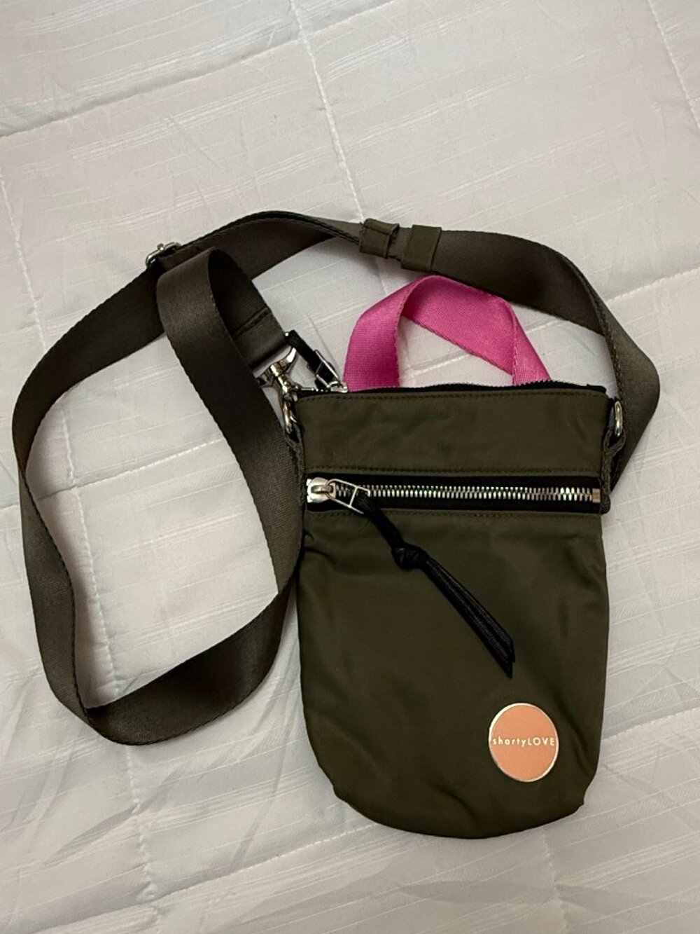 shortyLOVE Shorthand Olive Green Nylon Phone Crossbody Bag with Pink Straps